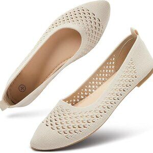 Beige Knit Breathable Mesh Ballet Flats Comfortable Everyday Slip-On Shoes